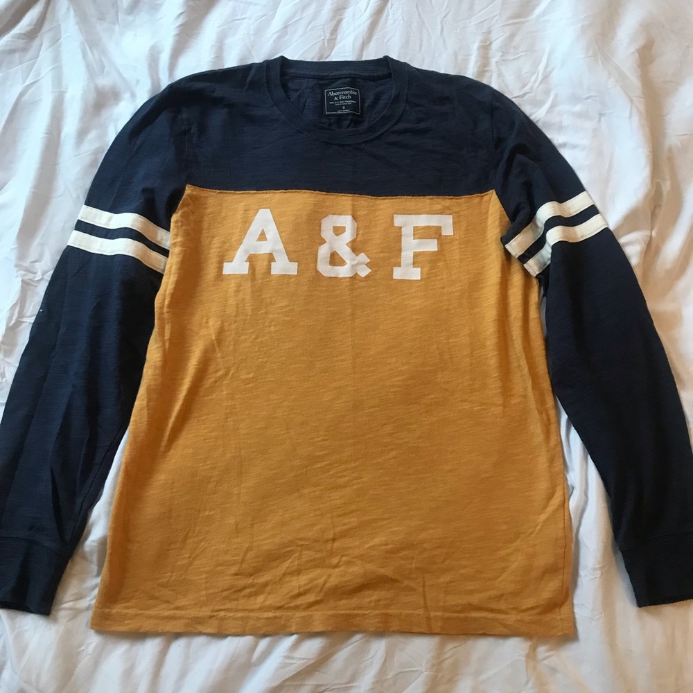 Abercrombie & Fitch Navy and Gold Color Block A&F Logo Long Sleeve, size Small
